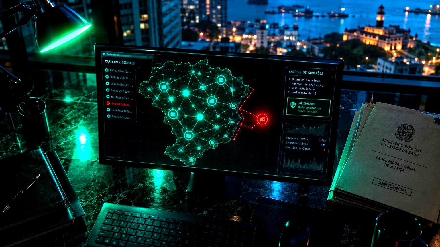 MP da Bahia vai rastrear criptomoedas em parceria com Rio e Santa Catarina 1 Uma tela de computador de investigação exibindo um grafo de carteiras digitais interligadas, com um nó destacado em vermelho sendo isolado, Sala de operações de uma procuradoria em