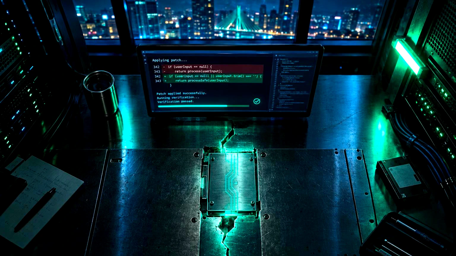 OpenAI lança GPT-5.5-Cyber e programa para corrigir falhas em código aberto 1 Um servidor ou terminal com código aberto exibindo uma correção sendo aplicada, uma linha de código vulnerável sendo substituída por uma versão segura, Sala técnica sóbria com banc
