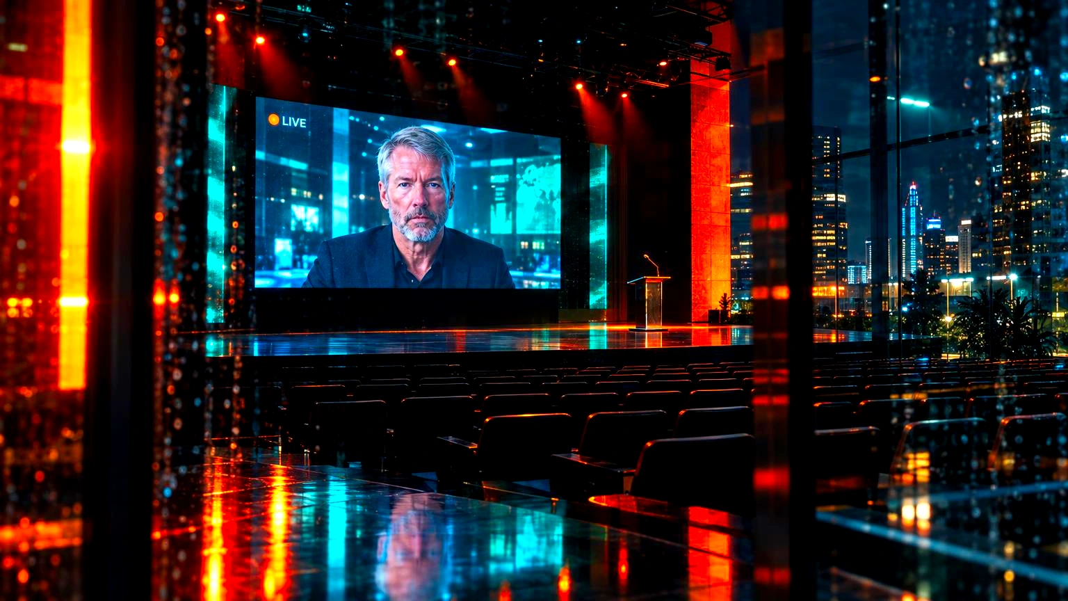 Palco de teatro vazio com uma tela de videoconferência iluminada, mostrando o rosto de Saylor em transmissão ao vivo, sem pessoas na plateia., Interior do Teatro B32 na Avenida Far