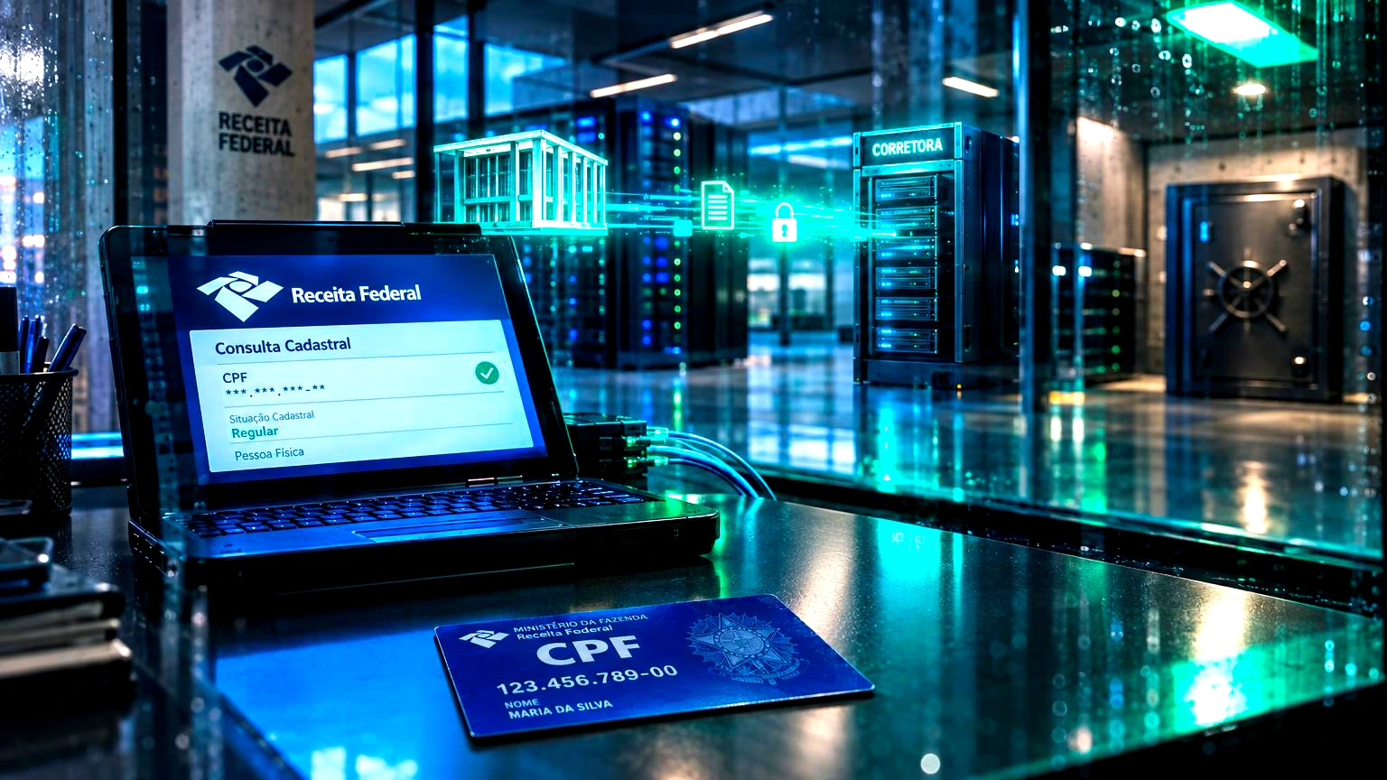 PL libera corretoras de cripto para consultar dados da Receita Federal em tempo real 1 Um terminal de consulta institucional com a sigla da Receita Federal aberto sobre uma mesa, ao lado de um cartao CPF impresso, tudo em tons claros e legiveis, Sala de servidores li