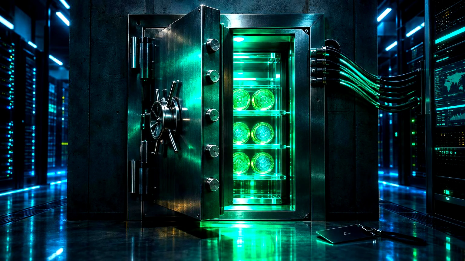 Sony lança token nativo $SONEIUM e planeja stablecoin própria 1 Um cofre-forte de aço escovado, porta entreaberta, revelando uma fileira de moedas digitais luminosas em uma prateleira de vidro., Sala de infraestrutura de data center moderno, pa