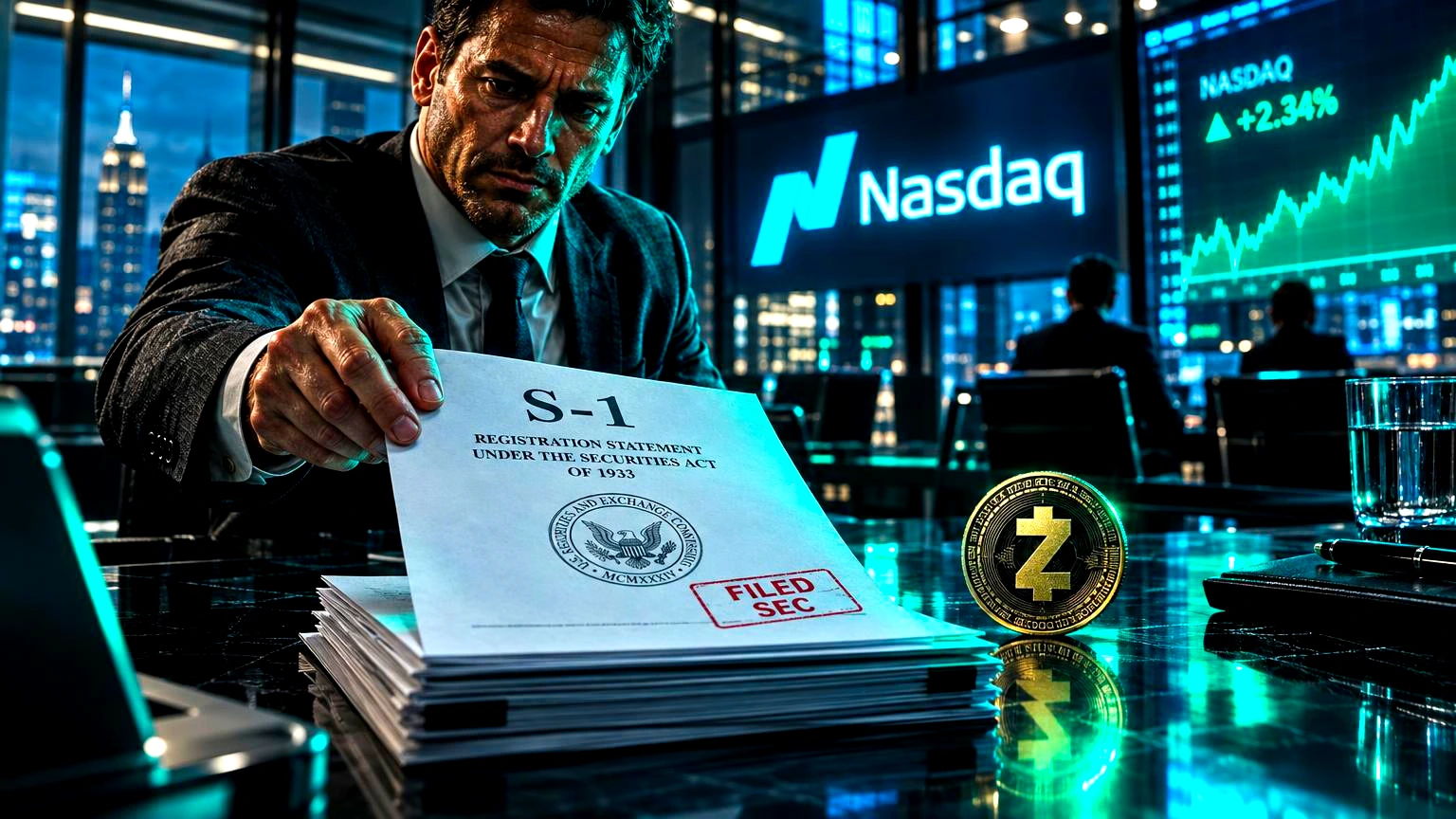 Um documento S-1 impresso sobre uma mesa institucional, com o logotipo da Nasdaq ao fundo levemente desfocado, Sala de reunião corporativa em tom cinza e branco, luz fria de escrit
